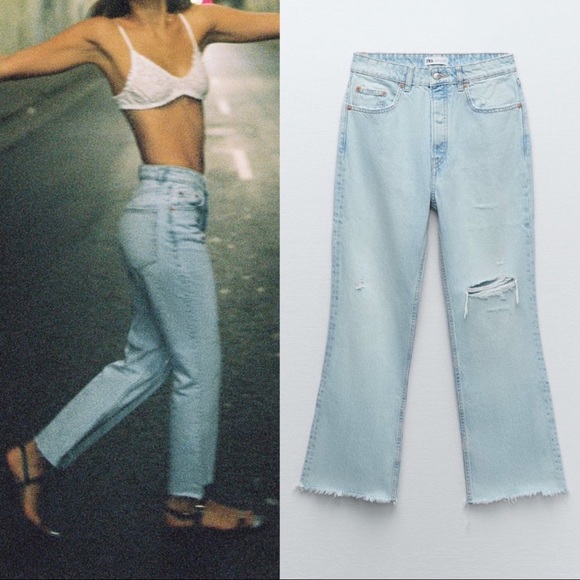 Zara Denim - Zara High Rise Cropped Rip Flare Denim Jeans Light Blue